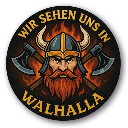 Walhalla Wikinger Sticker Digitaldruck runder Aufkleber | Bart, Helm, Äxten und Flammen | motivstark, farbig, wetterfest mit Schutzlaminat | emotionale Kraft | Stickerfreaks | 9x9cm (M)