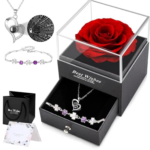 YILNYNFU Ewige Rose für Frauen, Geschenkbox mit Kette Armband Rot Infinity Rosen Geburtstagsgeschenk Mutter Ehefrau Freundin Oma