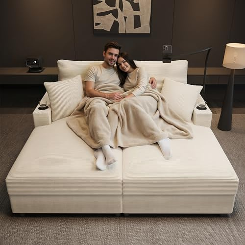 Luscriate Doppelschlafsofa mit Schlaffunktion, XXL Sessel, Handyhalterung, USB-Anschluss & Getränkehalter, ideal für Wohnzimmer, Schlafzimmer und Heimkino (Corduroy, Beige+2 Sitzer)