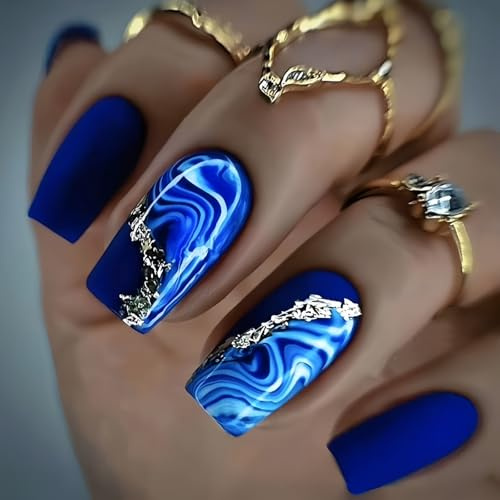 24 Pièces Faux Ongles Carré Moyen, French Bleu Press on Nails avec Vagues Bleues Dessin, Acrylique Gold Paillettes Faux Ongles Autocollants, Artificiels Fake Nails pour Femme et Fille Nail Art