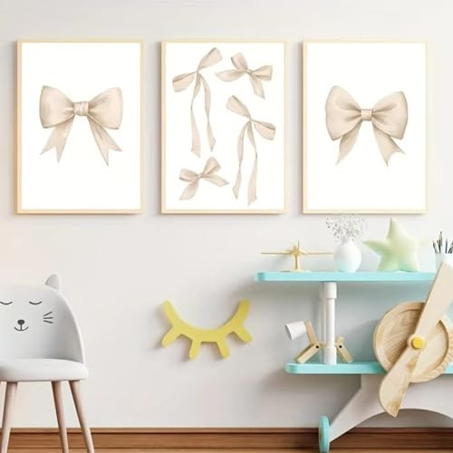 Xiyocadt 3er Poster Set, Beige Schleifenposter, Ästhetisches Schleifen Bild, Leinwand Wandkunst Mädchen Zimmer Deko, Ohne Rahmen (30 x 40 cm)