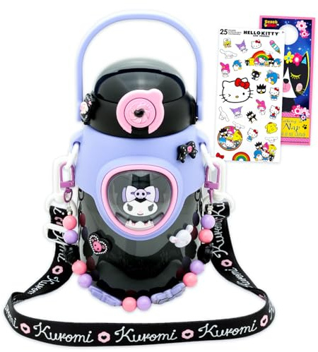 SANRIO Kuromi Water Bottle for Girls - Bundle with 16 Oz Kuromi Drinking Cup with Straw and Carrying Strap for Home, School, Sports, Plus Stickers Double Cover Reusable Water Bottle