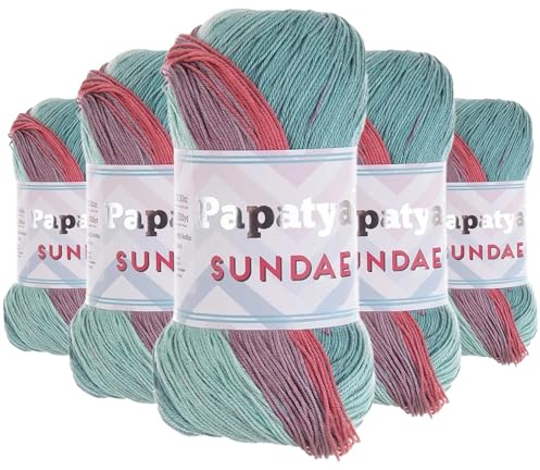 Papatya Sundae Strickgarn 5x100g – Selbstmusterndes Farbverlaufsgarn – Oeko-Tex Häkelgarn für Sommerkleidung & Accessoires