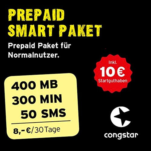 congstar Prepaid Smart Paket [SIM, Micro-SIM und Nano-SIM] - Das Prepaid Paket für Normalnutzer in bester D-Netz-Qualität inkl. 10 EUR Startguthaben.