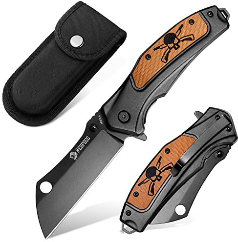 NedFoss MIEBA Klappmesser Outdoor, 8.5CM D2 Stahl Taschenmesser mit Cleaver-Klinge, Einhandmesser mit Scheide & totenkopf motiv, Outdoor Messer mit Clip, Survival Jagdmesser für Sammlung & Geschenke