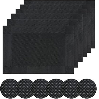 Famibay PVC Placemats with Coasters Set of 6 Heat Resistant Durable Vinyl Table Mats Sets for Home Kitchen Decoration(Black 6 and coasters)