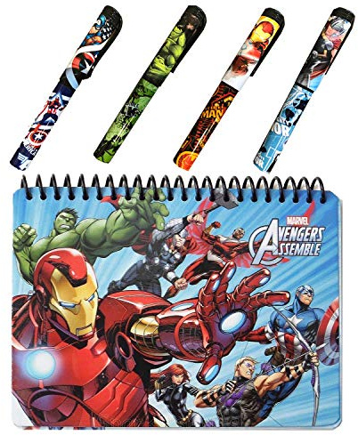 Avengers Autograph Book for Universal Studios and 4 Superhero Pens- Marvel Avengers Spiral Notebook, Hard Back, Iron Man, Captain America, Thor, Hulk and Black Widow Accessories