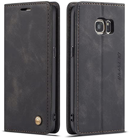 QLTYPRI Hülle für Samsung Galaxy S7, Vintage Dünne Handyhülle mit Kartenfach Geld Slot Ständer PU Ledertasche TPU Bumper Flip Schutzhülle Kompatibel mit Samsung Galaxy S7 - Schwarz