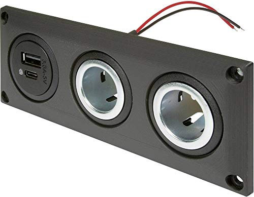 ProCar Enchufe empotrable con Doble Enchufe USB-C/A + 2 enchufes de alimentación, Carga máxima Corriente = 20 A, Color Negro.