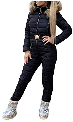 Lazzboy Skianzug Damen Schneeanzug Skioverall Skifahren Skianzüge Overall Jumpsuit Frauen Snowboard Skisuit Outdoor Sport Winter Warme Schnee Sätze Mit Kapuze (Schwarz,M)