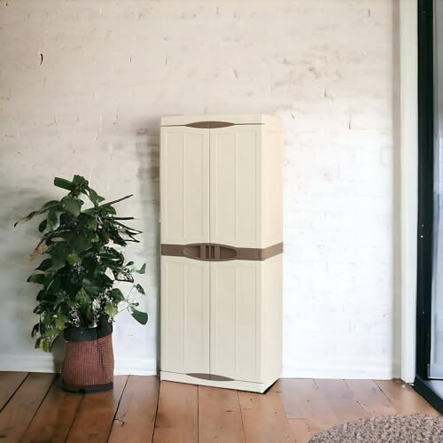 Dmora Armadio da Esterno Marchin, Mobile Balcone Multiuso, Armadietto Outdoor 2 Ante, 100% Made in Italy, Beige e Marrone, Finitura Elegante, 70x47h179 cm