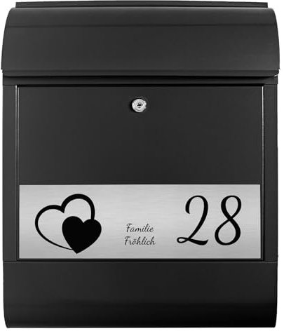 Banjado® Personalisierter Briefkasten Mit Graviertem Namensschild in Silber - Schwarz 39x47x14cm - Mit Hausnummer, Namen & Motiv Zwei Herzen - Mit Zeitungsfach