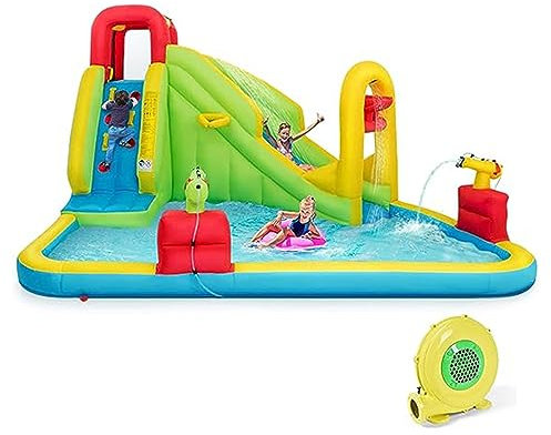 GOPLUS Wasserpark mit Rutsche, Aufblasbares Planschbecken, mit Kletterwand, Basketballkorb, Wasserpistole, Hüpfburg, für Kinder von 3 bis 10 Jahren, 400 x 335 x 230cm (Sommer, Mit Gebläse)