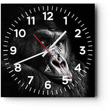 Modern Wanduhr AFFE Gorilla Porträt 40x40cm Quadrat Groß Wand Uhr Glas Analog Zimmeruhren Küche Büro Wohnzimmer Glasuhr Wall Clock Dekoration Design Wanddekoration Küchenuhr C4AC40x40-5007