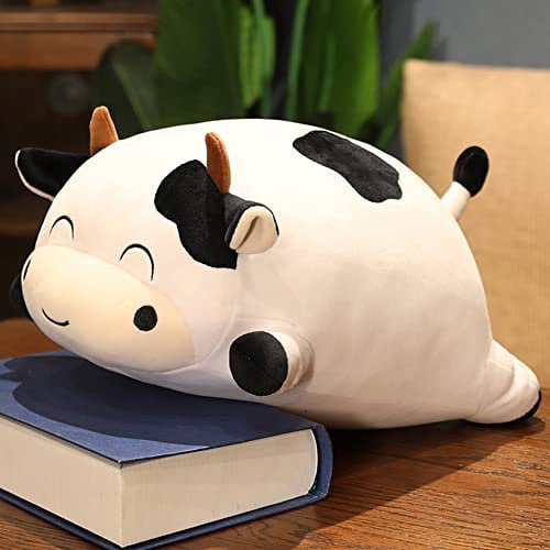 BYNYXI Kuh Plüschtier Kissen, 35cm Liegende Plüschkuh Stofftier Flauschiges Kühe Tier Umarmungskissen Gefüllte Kuscheltier Kawaii Kühe Schwarz weiß Kissen Plüschpuppe für Kinder Geburtstaggeschenk