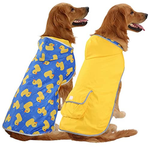 HDE Wendbarer Hunde-Regenmantel mit Kapuze, für kleine, mittelgroße und große Hunde, Enten/Gelb, Größe 3XL