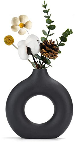 Sawoake Schwarzer Donut Keramik Vase für Moderne Home Decor, Runde Matte Vasen für Pampasgras, Neutral Boho Nordic Minimalismus Stil Blumenvasen（Groß）