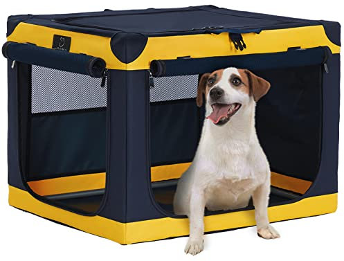 A 4 Pet Hundebox faltbar kleine Hunde Katze, Hundebox für Zuhause Soft tragebar Hundetransportbox Auto leicht zu verstauen mit montiertem Aluminium Rahmen, einstellbare Kompatibilität (S, Gelb)
