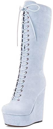 HEUIVZAR Damen Plateau Plattform Keilabsatz Hoher High Absatz Heel Runde Zehenkappe Mid Calf Schnüren Schnürung Reißverschluss Party Dress Stiefel Hellblau 37 EU