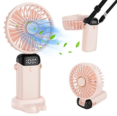 WARMFIT Ventilateur portable, 5000 mAh, rechargeable par USB, avec 5 vitesses, mini ventilateur électrique avec écran LED, ventilateur de bureau pliable pour extérieur, bureau, chambre, voyage,