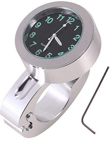 Fyearfly Motorrad Lenkeruhr, 7/8 Bis 1 Griff Vorbau Universal Mount Uhr Motorrad/Fahrrad Chrom Aluminium Outdoor wasserdichte Leuchtuhr, 22-25Mm Lenkstange Uhr (Silber)