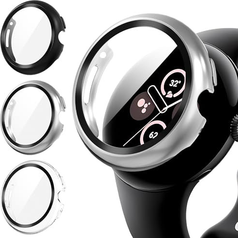 Diruite 3 Stück Hülle für Google Pixel Watch 3/2/1 41mm Schutzhülle PC Ultradünne HD Hartglas Glas Kratzfest Rundum Displayschutz Case,Schwarz&Silber&Transparent
