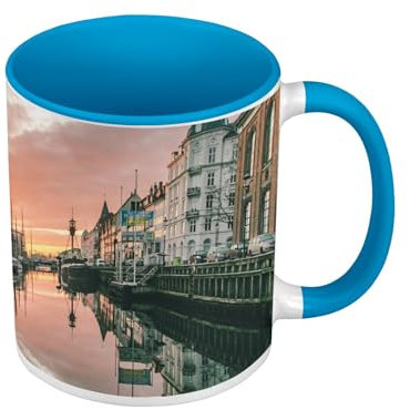 Tasse Farbe Premium Qualität Blau – Hafen von Kopenhagen Sonnenuntergang Dänemark – Tasse mit Henkel und farbigem Innenfutter