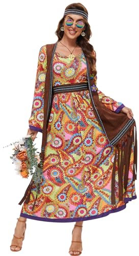 JONRRYIN 60er Jahre Kostüm Damen, Hippie Kleidung Damen Kostüm, 70er Disco Halloween Outfits, Hippie Damen Kleid Set für Karneval Party, 60er Jahre Bekleidung Accessoires (XL)