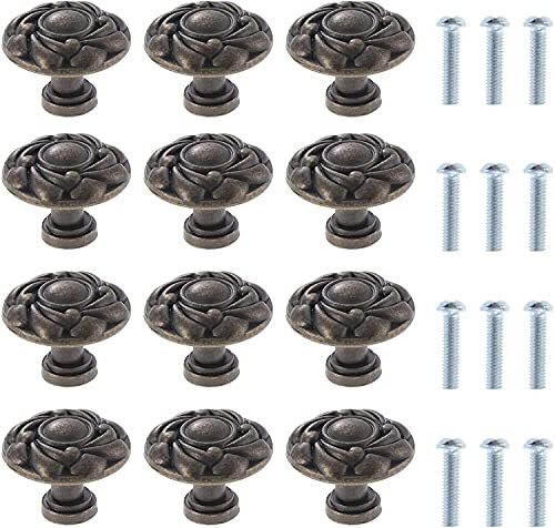 UNbit Küchentürgriffe, Knauf, Ziehgriff, 12 Stück, Vintage, runde Schubladengriffe, Vintage-Kupfergriff, Bronze, runde Knöpfe mit Blumenmuster, mit 12 Schrauben, Durchmesser 30 mm Griffe (Color : Bro