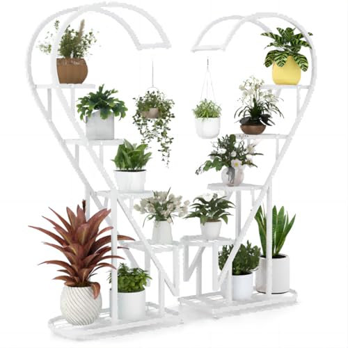 SPOTRAVEL 5 Tier Plant Stand, Heart-shaped Metal Flower Rack with Hanging Hooks, Multi-Purpose Storage Unite Shelf for Garden Balcony Living Room (White)
