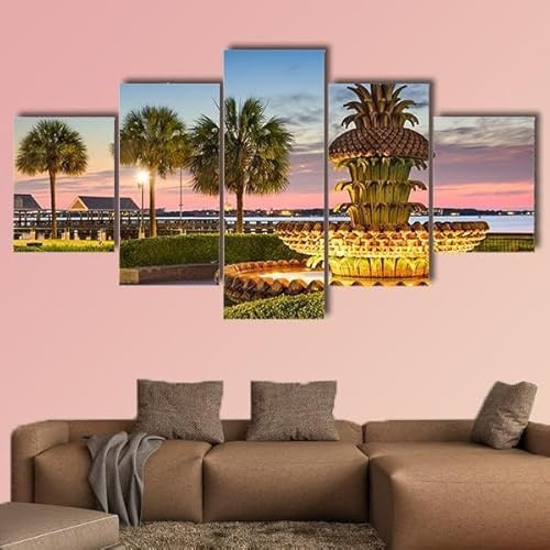 POECE Tela Wall Art Immagine 5 Pezzi Parete Arte su Tela 5 Pannelli Fontana di ananas in riva al mare Quadro su Tela Pittura Decorativa - Non Incorniciato 150×80cm