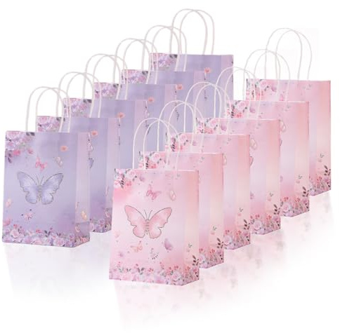 12 Stück Schmetterling Geschenktüten Papiertüten, Papiertüten Mit Henkel, Tüten Kindergeburtstag, Mitgebsel Tüten, Kleine Geschenktüten Fur Kindergeburtstag,Hochzeiten, Weihnachtenpartys