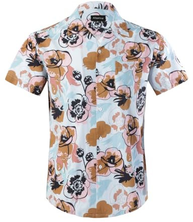 Allsense Men's Hawaiian Shirt - Polyester Spandex Blend, 4-Way Stretch, Quick Dry, Regular Fit, Tropical and Floral Prints, Skyblue Brown, Medium
