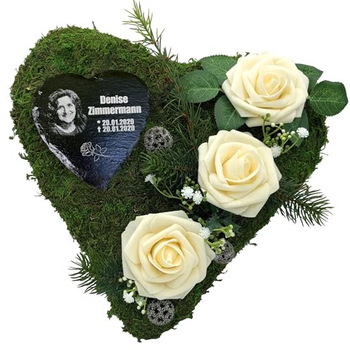 Grabgesteck Grab Gesteck Grabschmuck Grabaufleger Moosherz mit Schieferherz und personalisierter Gravur (Rosen Creme)