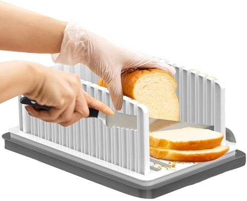 Bread Slicing Guide - Foldable Bread Slicer with Crumb Catcher Tray, Baking Slicer | Detachable Bread Bake Slicer Cutter, Adjustable Slicer for Homemade Bread Loaf, White, 13.2x8.5x5.7in