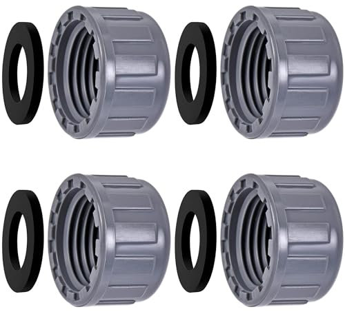 HAOBIN 4 Stück PVC Gewindekappe PVC Gewindestopfen 32mm Rund Innengewinde Schlauchverbinder Kappe rund mit Dichtung Innengewinde Abflussrohr mit Gummidichtung für Garten und Außenschlauchenden