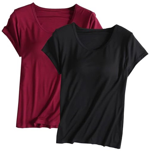 Keepink Womens T Shirts Multipack 2 Pcs Ladies Built in Bra Tops Yoga Tops for Women UK Clearance Solid T-Shirts Summer Pullover Tshirts Loose Fit Plus Size Tops for Women 8-20 UK