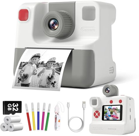 GREENKINDER Kids Instant Print Camera, 180° Flip Selfie Camera for Kids, 32GB Card, Print Paper, Christmas/Birthday Gift (White)
