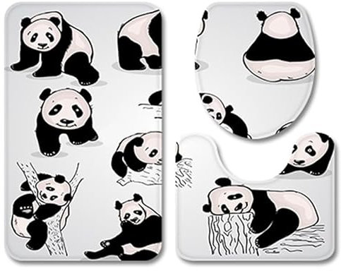 Bad Teppiche Set 3-Teiliges Grauer Schwarzer Panda WC Vorleger Mit Ausschnitt Badematte Saugfähig WC Deckelbezug Badvorleger rutschfest Waschbar Toilettensitzbezug Badgarnitur (45x75cm)