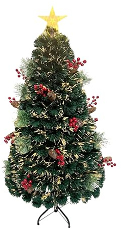 3Ft/90cm Fibre Optic Christmas Tree with Star Topper - Green Pre-Lit Artificial Xmas Tree Featuring Pine Cones, Red Berries, 8 Changing Light Modes