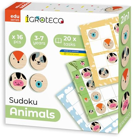 Sudoku Tiere – Holzpuzzle für Kinder ab 3 Jahren – Lernspiel zur Förderung von Logik, Konzentration und Feinmotorik – 20 Aufgaben – 4x4 Raster – Massivholz – Tiermotive