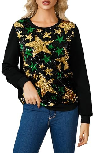 Guangch Pailletten Pullover Damen Glänzend Stern Glitzer Sweatshirt ohne Kapuze Elegant Rundhalsausschnitt Langarmshirt Lässige Loose Longshirt Mode Party Tops Festliche Blusen(AD-Schwarz,XXL)