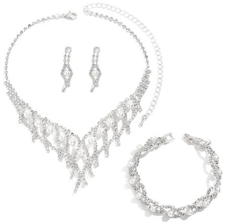 XFSRG 3 Stück Tropfen Zirkonia Schmuckset Brautschmuck Halskette Armband Ohrringe Perlen Kristall Collier Hochzeit Elegant Luxus Schmuck