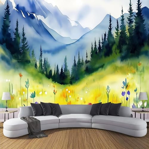Papel Pintado Póster De Acuarela De Pradera Naturaleza Salón Dormitorio 400X280Cm - Fotomurales Pared Decorativos Murales Fotográfico Paisaje Moderno Decoración De Paredes
