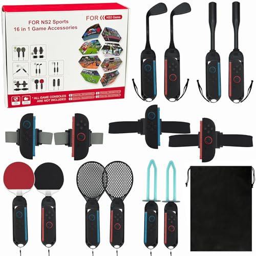 arVin Switch 2 Sports Accessories Bundle: 16-in-1 Kit with 2 Handles, 2 Lightsabers, 4 Rackets & Straps - Ergonomic Design for Tennis, Golf, Soccer, Family Party Games (Nintendo Switch 2)