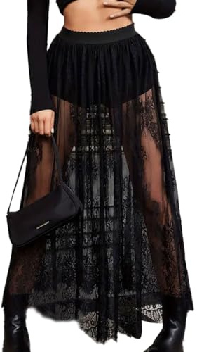 EMOTTOS Jupe Longue Femmes, Maxi Semi-Transparente Dentelle, Sexy 2 en 1, Transparente Taille élastique Taille Haute Ligne A Jupe Tulle avec Short Festival Streetwear, Clubwear, Noir, S-XL