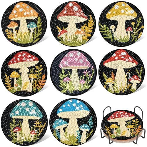 EFNHJF5 8 Stück Pilz Diamond Painting untersetzer with Holder, Diamond painting erwachsene,Diamond painting kinder für Geburtstagsgeschenk für Erwachsene&Kinder