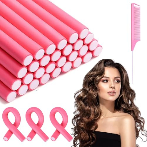 Locken Ohne Hitze Lockenwickler, 30 Stück Flexible Lockenstab 240mm mit Durchmesser ø14mm, Twist Schaum Lockenwickler, Overnight Curls Langes Haar Frisur Design(Rosa)