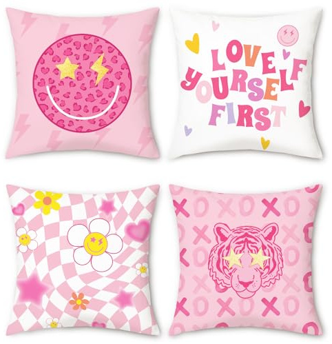 COZZSNUGE Smiley Kissenbezüge 45 x 45 cm, Rosa Tiger Karo Blume Samtig Inspirativ Dekorative Kissenhülle Zierkissenbezüge für Sofa Wohnzimmer Zuhause 4er Set