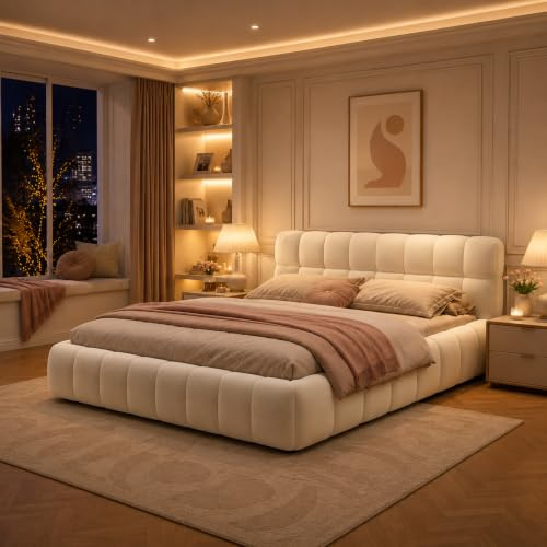 LKPOMI Polsterbett 160x200 cm Bubble Bett, Doppelbett Bettgestell mit Lattenrost, Jugendbett mit Gepolstertes Kopfteil für Schlafzimmer und Gästezimmer, Leinen, ohne Matratze (Beige, 160 x 200 cm)